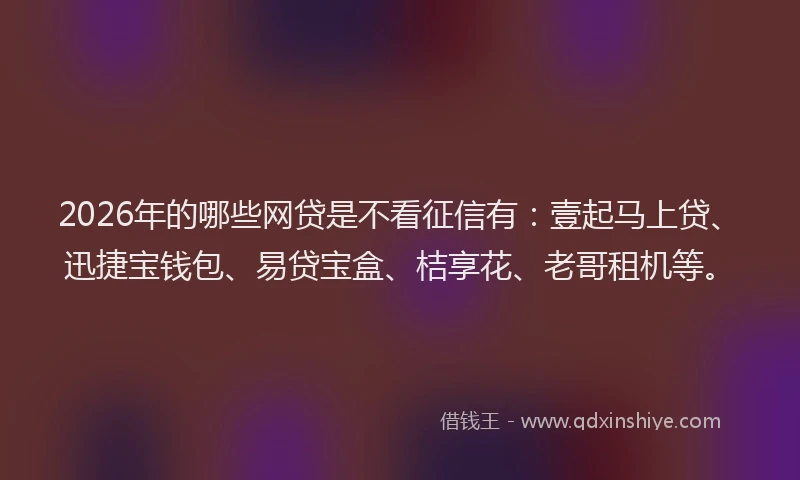 2026年的哪些网贷是不看征信有：壹起马上贷、迅捷宝钱包、易贷宝盒、桔享花、老哥租机等。