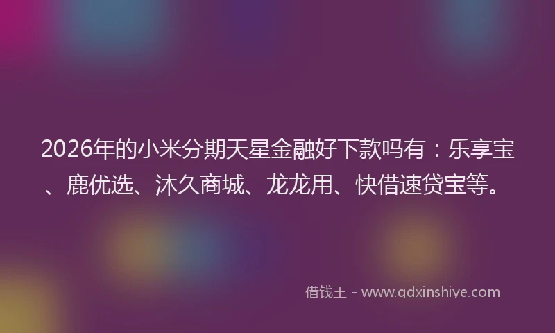 2026年的小米分期天星金融好下款吗有：乐享宝、鹿优选、沐久商城、龙龙用、快借速贷宝等。