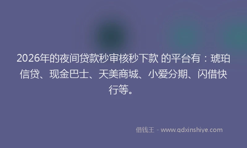 2026年的夜间贷款秒审核秒下款 的平台有：琥珀信贷、现金巴士、天美商城、小爱分期、闪借快行等。