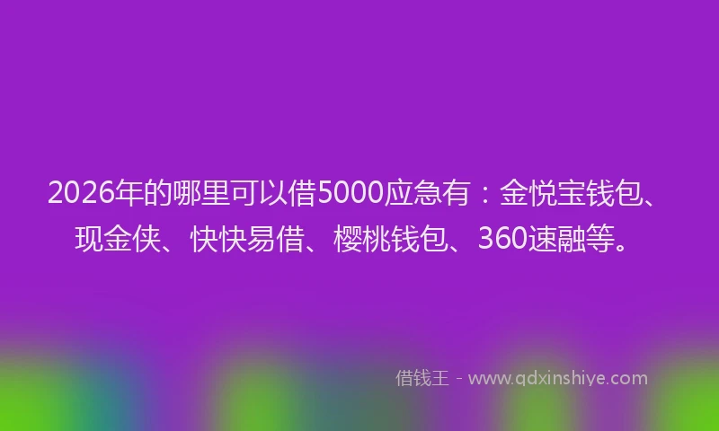 2026年的哪里可以借5000应急有：金悦宝钱包、现金侠、快快易借、樱桃钱包、360速融等。