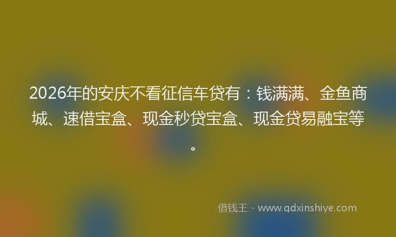 2026年的安庆不看征信车贷有:钱满满、金鱼商城、速借宝盒、现金秒贷宝盒、现金贷易融宝等。