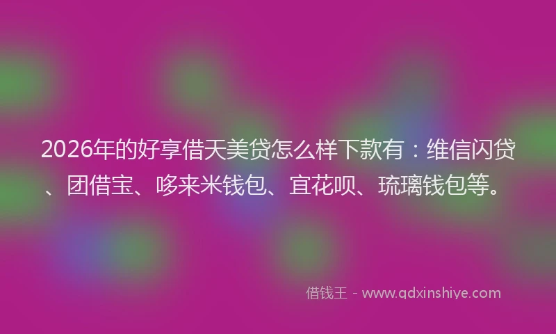 2026年的好享借天美贷怎么样下款有：维信闪贷、团借宝、哆来米钱包、宜花呗、琉璃钱包等。