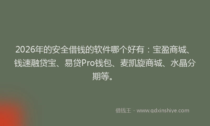 2026年的安全借钱的软件哪个好有:宝盈商城、钱速融贷宝、易贷Pro钱包、麦凯旋商城、水晶分期等。