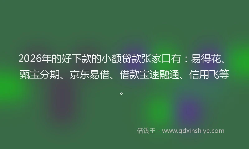 2026年的好下款的小额贷款张家口有：易得花、甄宝分期、京东易借、借款宝速融通、信用飞等。