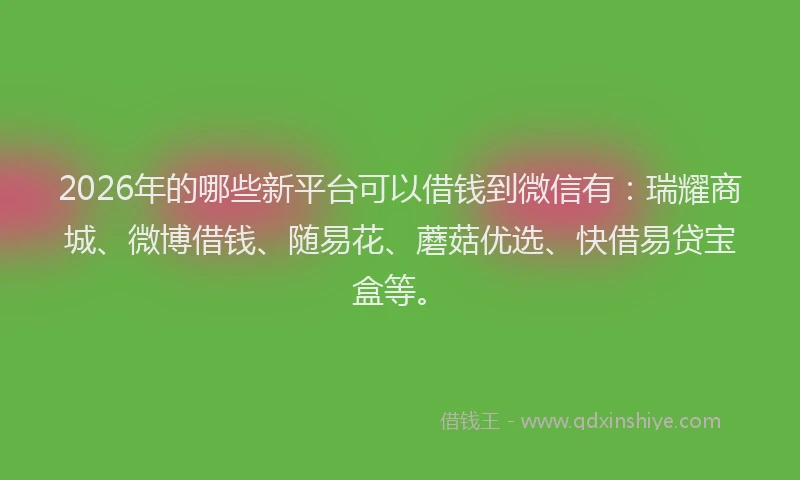 2026年的哪些新平台可以借钱到微信有：瑞耀商城、微博借钱、随易花、蘑菇优选、快借易贷宝盒等。