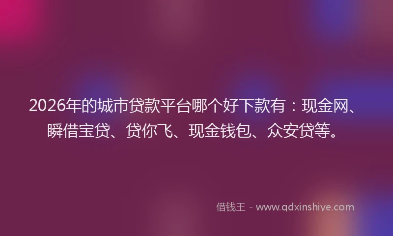 2026年的城市贷款平台哪个好下款有：现金网、瞬借宝贷、贷你飞、现金钱包、众安贷等。