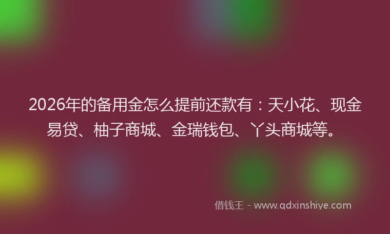 2026年的备用金怎么提前还款有：天小花、现金易贷、柚子商城、金瑞钱包、丫头商城等。