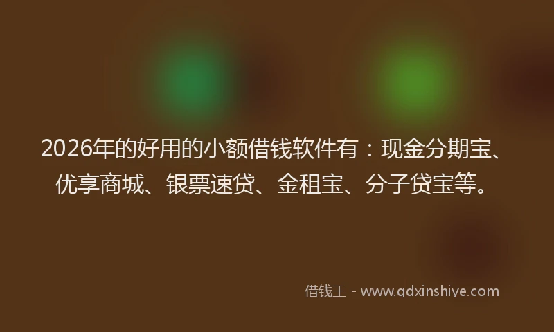 2026年的好用的小额借钱软件有：现金分期宝、优享商城、银票速贷、金租宝、分子贷宝等。