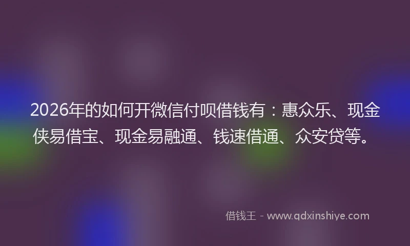 2026年的如何开微信付呗借钱有:惠众乐、现金侠易借宝、现金易融通、钱速借通、众安贷等。