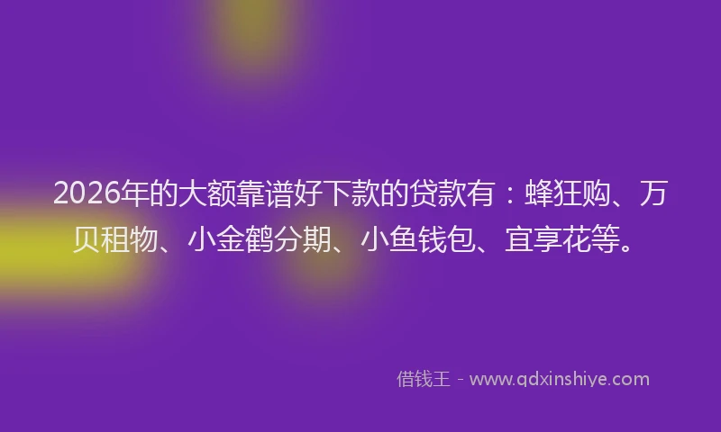 2026年的大额靠谱好下款的贷款有：蜂狂购、万贝租物、小金鹤分期、小鱼钱包、宜享花等。
