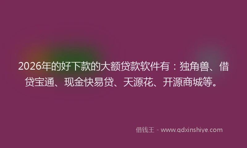 2026年的好下款的大额贷款软件有：独角兽、借贷宝通、现金快易贷、天源花、开源商城等。