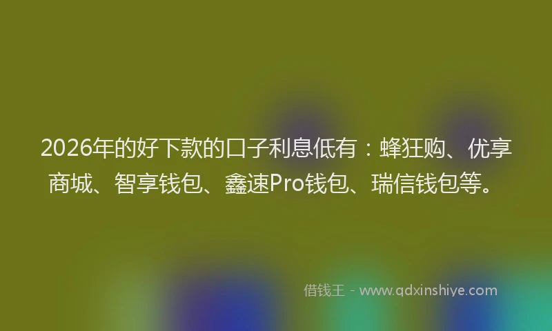 2026年的好下款的口子利息低有：蜂狂购、优享商城、智享钱包、鑫速Pro钱包、瑞信钱包等。