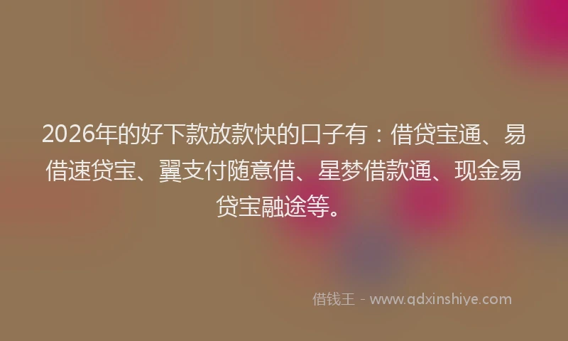 2026年的好下款放款快的口子有：借贷宝通、易借速贷宝、翼支付随意借、星梦借款通、现金易贷宝融途等。