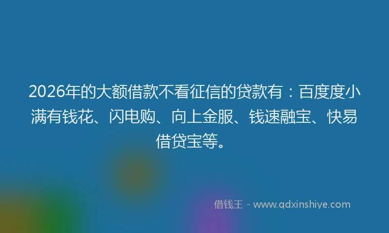 2026年的大额借款不看征信的贷款有：百度度小满有钱花、闪电购、向上金服、钱速融宝、快易借贷宝等。