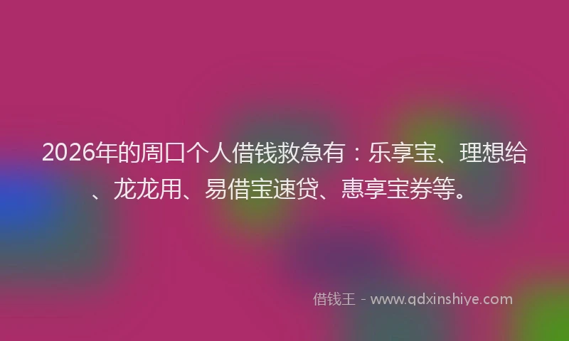 2026年的周口个人借钱救急有：乐享宝、理想给、龙龙用、易借宝速贷、惠享宝券等。