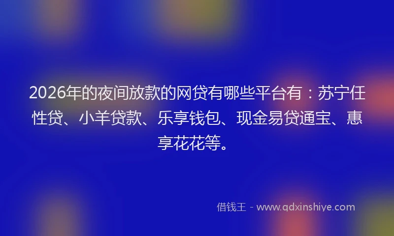 2026年的夜间放款的网贷有哪些平台有：苏宁任性贷、小羊贷款、乐享钱包、现金易贷通宝、惠享花花等。