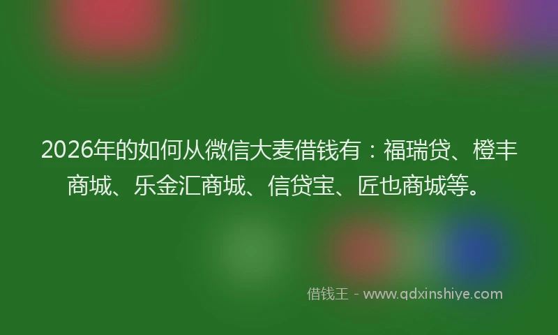 2026年的如何从微信大麦借钱有:福瑞贷、橙丰商城、乐金汇商城、信贷宝、匠也商城等。