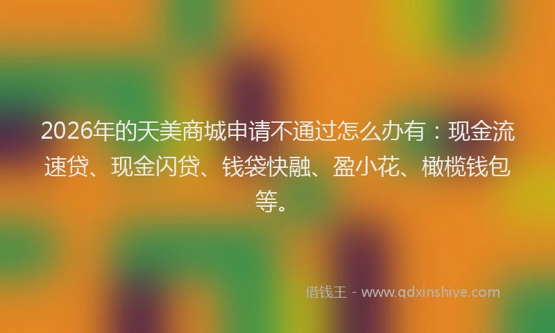 2026年的天美商城申请不通过怎么办有：现金流速贷、现金闪贷、钱袋快融、盈小花、橄榄钱包等。