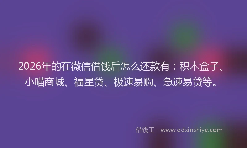 2026年的在微信借钱后怎么还款有：积木盒子、小喵商城、福星贷、极速易购、急速易贷等。