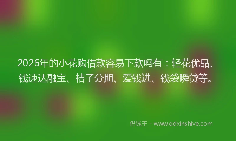 2026年的小花购借款容易下款吗有：轻花优品、钱速达融宝、桔子分期、爱钱进、钱袋瞬贷等。