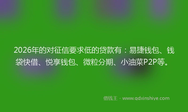2026年的对征信要求低的贷款有:易捷钱包、钱袋快借、悦享钱包、微粒分期、小油菜P2P等。