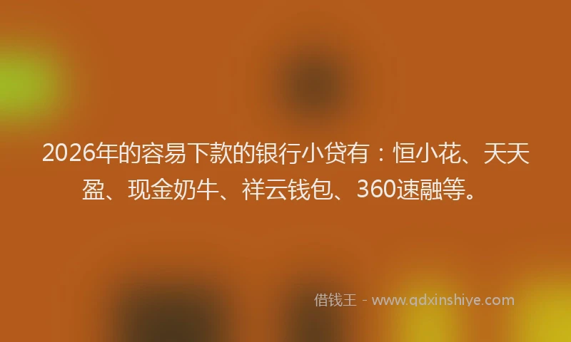 2026年的容易下款的银行小贷有：恒小花、天天盈、现金奶牛、祥云钱包、360速融等。