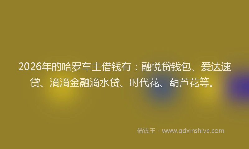 2026年的哈罗车主借钱有：融悦贷钱包、爱达速贷、滴滴金融滴水贷、时代花、葫芦花等。