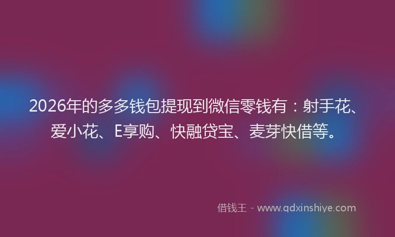 2026年的多多钱包提现到微信零钱有：射手花、爱小花、E享购、快融贷宝、麦芽快借等。