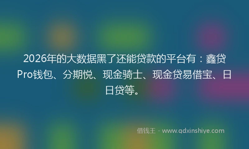 2026年的大数据黑了还能贷款的平台有：鑫贷Pro钱包、分期悦、现金骑士、现金贷易借宝、日日贷等。