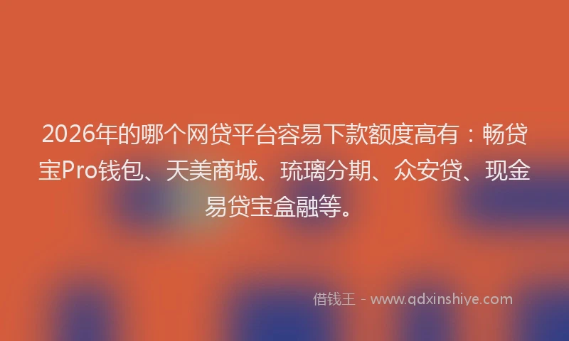 2026年的哪个网贷平台容易下款额度高有：畅贷宝Pro钱包、天美商城、琉璃分期、众安贷、现金易贷宝盒融等。