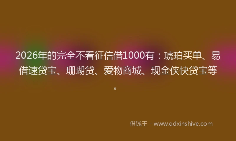 2026年的完全不看征信借1000有：琥珀买单、易借速贷宝、珊瑚贷、爱物商城、现金侠快贷宝等。