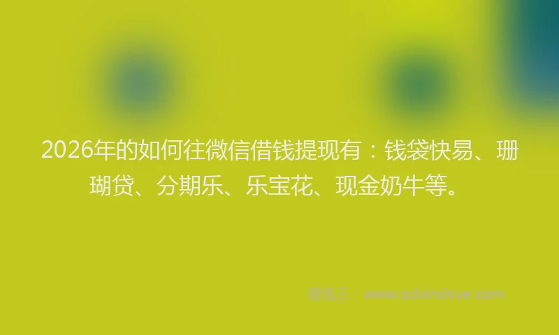 2026年的如何往微信借钱提现有：钱袋快易、珊瑚贷、分期乐、乐宝花、现金奶牛等。