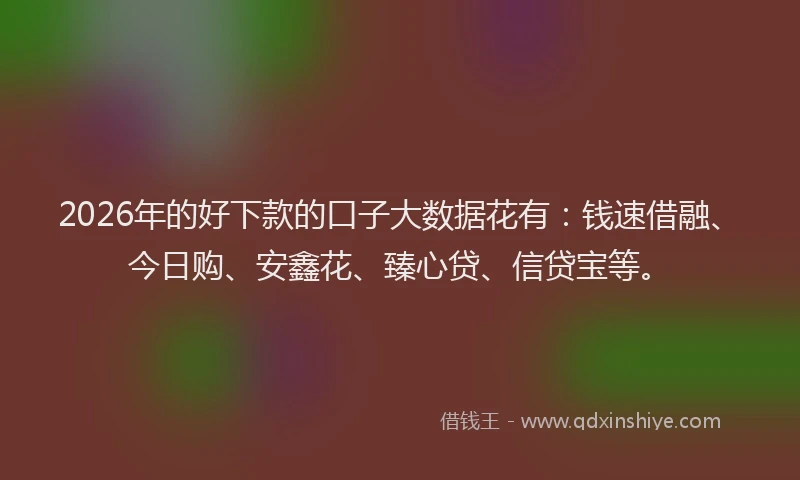 2026年的好下款的口子大数据花有：钱速借融、今日购、安鑫花、臻心贷、信贷宝等。