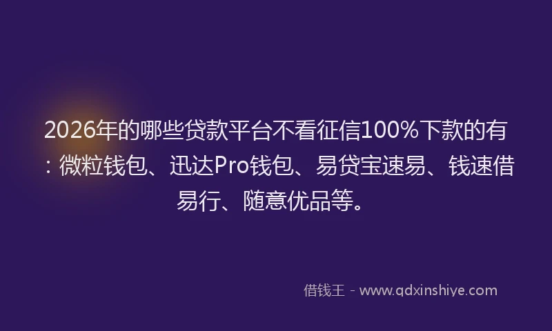 2026年的哪些贷款平台不看征信100%下款的有：微粒钱包、迅达Pro钱包、易贷宝速易、钱速借易行、随意优品等。