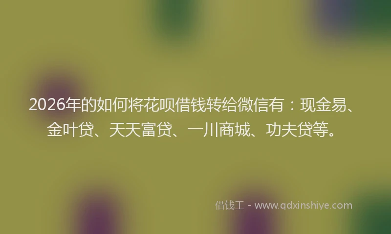 2026年的如何将花呗借钱转给微信有：现金易、金叶贷、天天富贷、一川商城、功夫贷等。