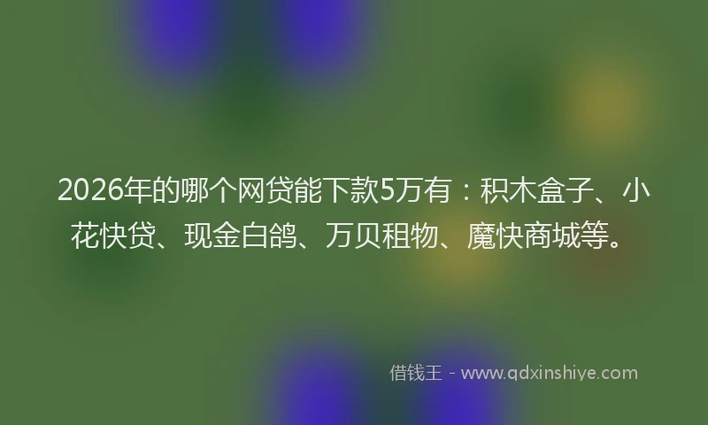 2026年的哪个网贷能下款5万有：积木盒子、小花快贷、现金白鸽、万贝租物、魔快商城等。