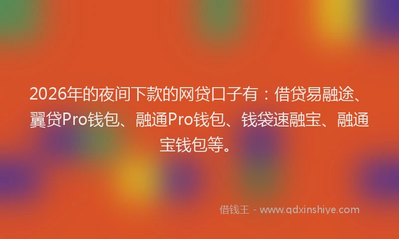2026年的夜间下款的网贷口子有：借贷易融途、翼贷Pro钱包、融通Pro钱包、钱袋速融宝、融通宝钱包等。