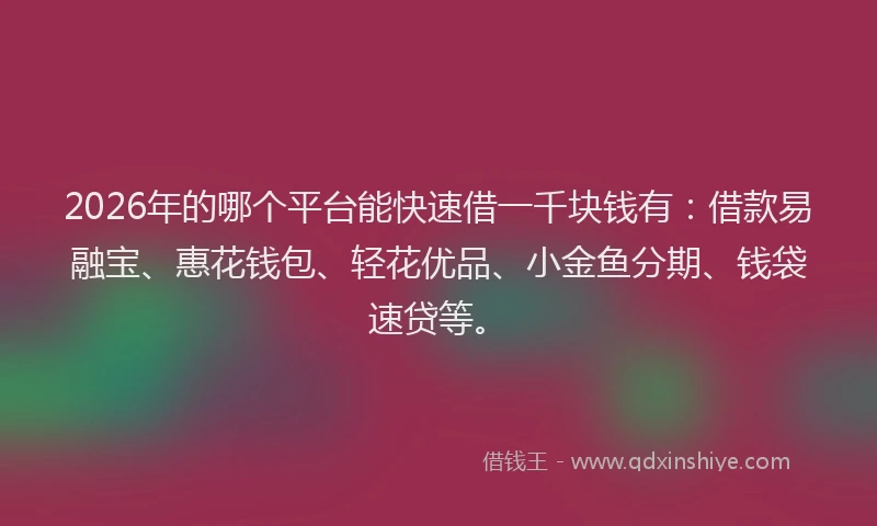 2026年的哪个平台能快速借一千块钱有：借款易融宝、惠花钱包、轻花优品、小金鱼分期、钱袋速贷等。