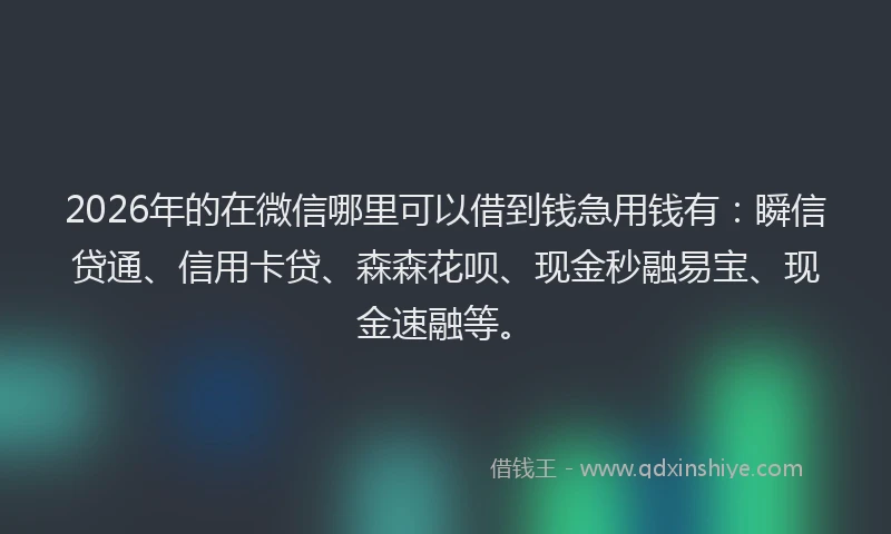 2026年的在微信哪里可以借到钱急用钱有：瞬信贷通、信用卡贷、森森花呗、现金秒融易宝、现金速融等。