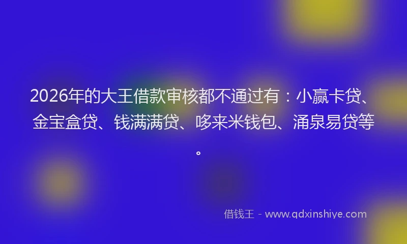 2026年的大王借款审核都不通过有：小赢卡贷、金宝盒贷、钱满满贷、哆来米钱包、涌泉易贷等。
