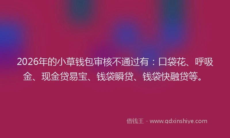 2026年的小草钱包审核不通过有：口袋花、呼吸金、现金贷易宝、钱袋瞬贷、钱袋快融贷等。