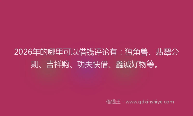 2026年的哪里可以借钱评论有：独角兽、翡翠分期、吉祥购、功夫快借、鑫诚好物等。