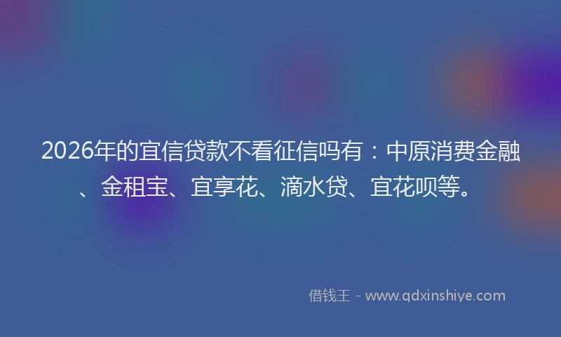 2026年的宜信贷款不看征信吗有：中原消费金融、金租宝、宜享花、滴水贷、宜花呗等。