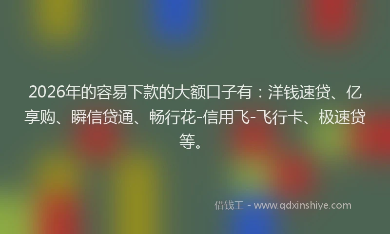 2026年的容易下款的大额口子有：洋钱速贷、亿享购、瞬信贷通、畅行花-信用飞-飞行卡、极速贷等。