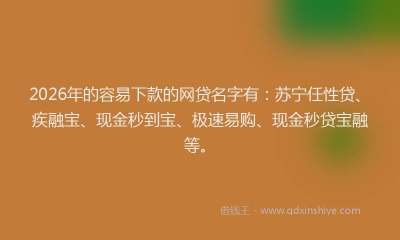 2026年的容易下款的网贷名字有：苏宁任性贷、疾融宝、现金秒到宝、极速易购、现金秒贷宝融等。