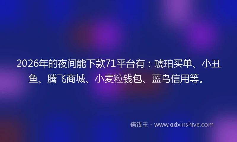 2026年的夜间能下款71平台有：琥珀买单、小丑鱼、腾飞商城、小麦粒钱包、蓝鸟信用等。