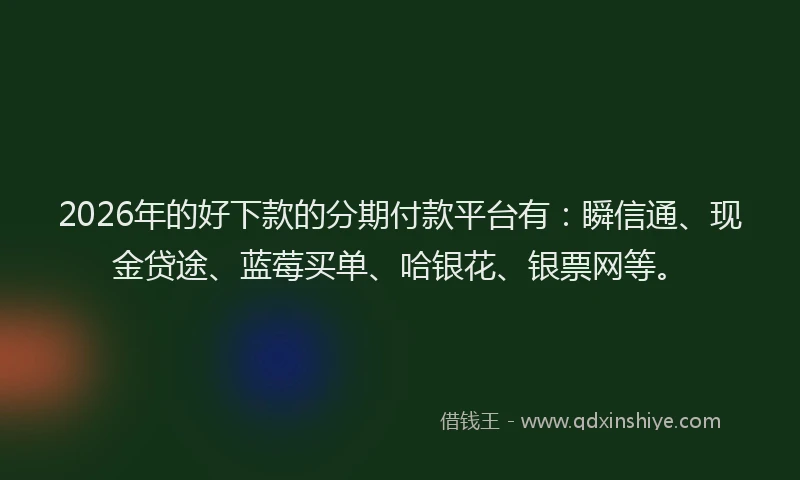 2026年的好下款的分期付款平台有：瞬信通、现金贷途、蓝莓买单、哈银花、银票网等。