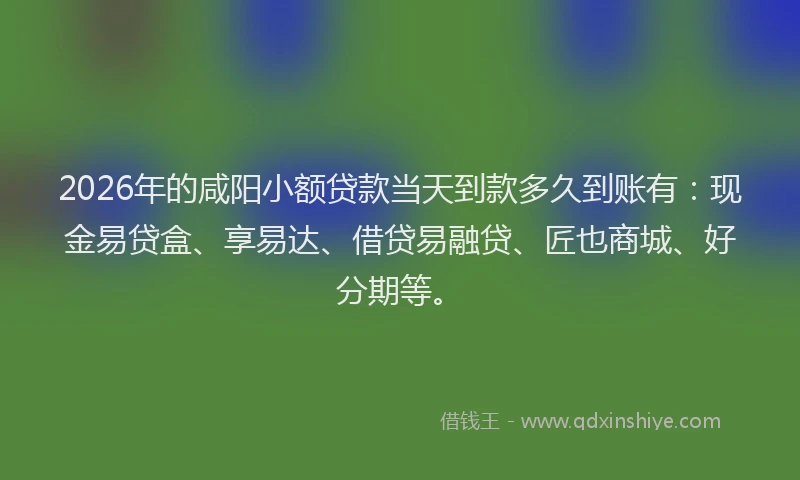 2026年的咸阳小额贷款当天到款多久到账有：现金易贷盒、享易达、借贷易融贷、匠也商城、好分期等。