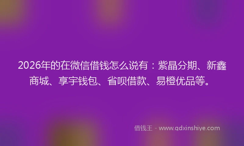 2026年的在微信借钱怎么说有：紫晶分期、新鑫商城、享宇钱包、省呗借款、易橙优品等。