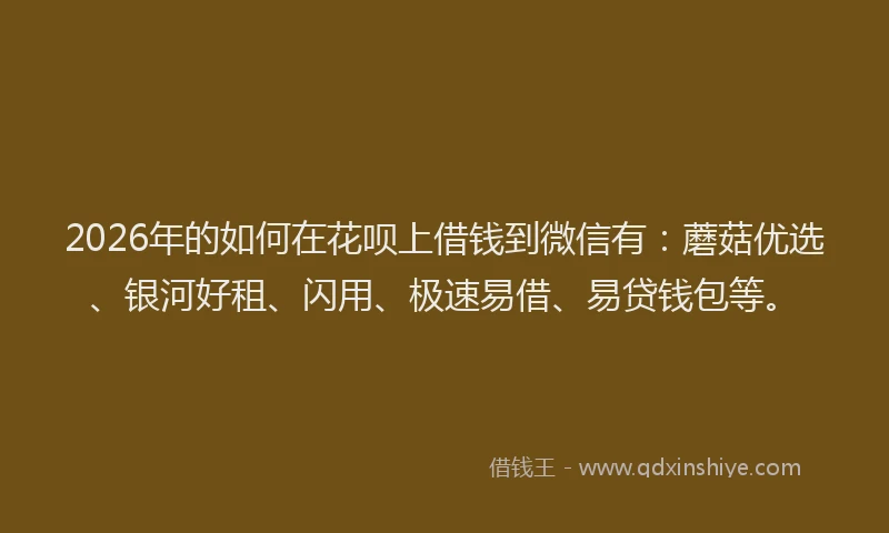2026年的如何在花呗上借钱到微信有：蘑菇优选、银河好租、闪用、极速易借、易贷钱包等。